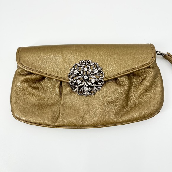 Brighton Bronze Leather Clutch Bejeweled Broach Formal Wristlet - Picture 1 of 8
